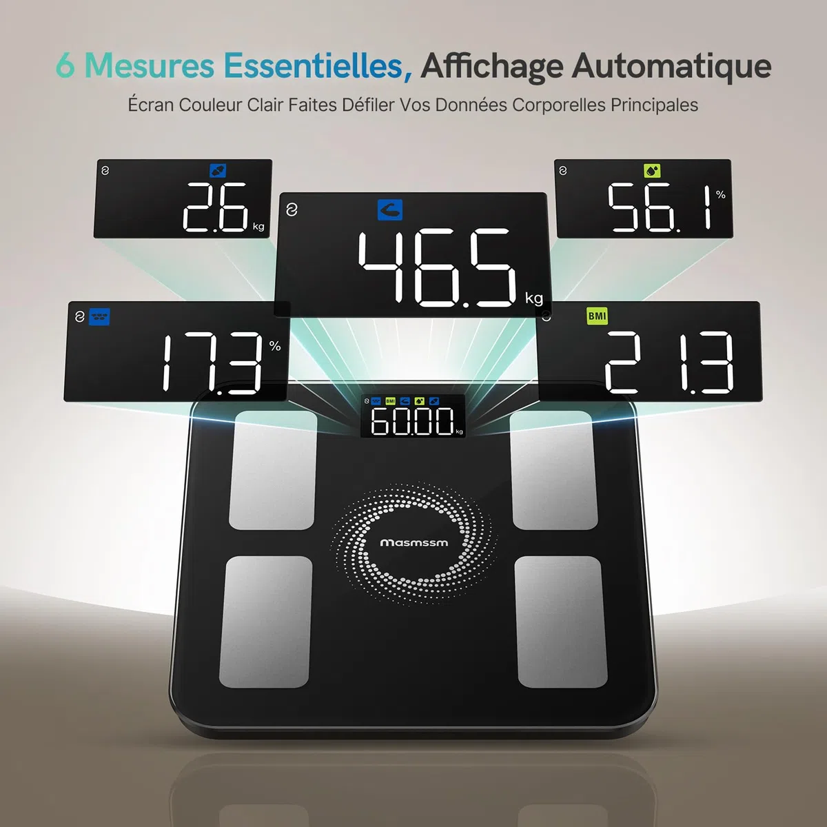 Balance Pèse-Personne, Balance Connectée Impédancemètre Écran Couleur 6-en-1 Défilant, 20 Indicateurs, IMC, Graisse Corporelle Pour iOS & Android, Max. 180kg/ 400lb