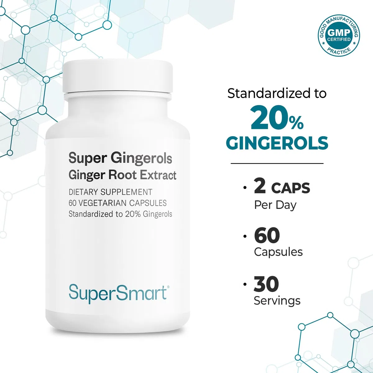 Super Gingerols - Extrait Naturel de Gingembre - Soutenir l’Immunité, Réduit les Nausées et Stimule le Tonus et l’Energie - Formule naturelle en gélules - Vegan - SuperSmart