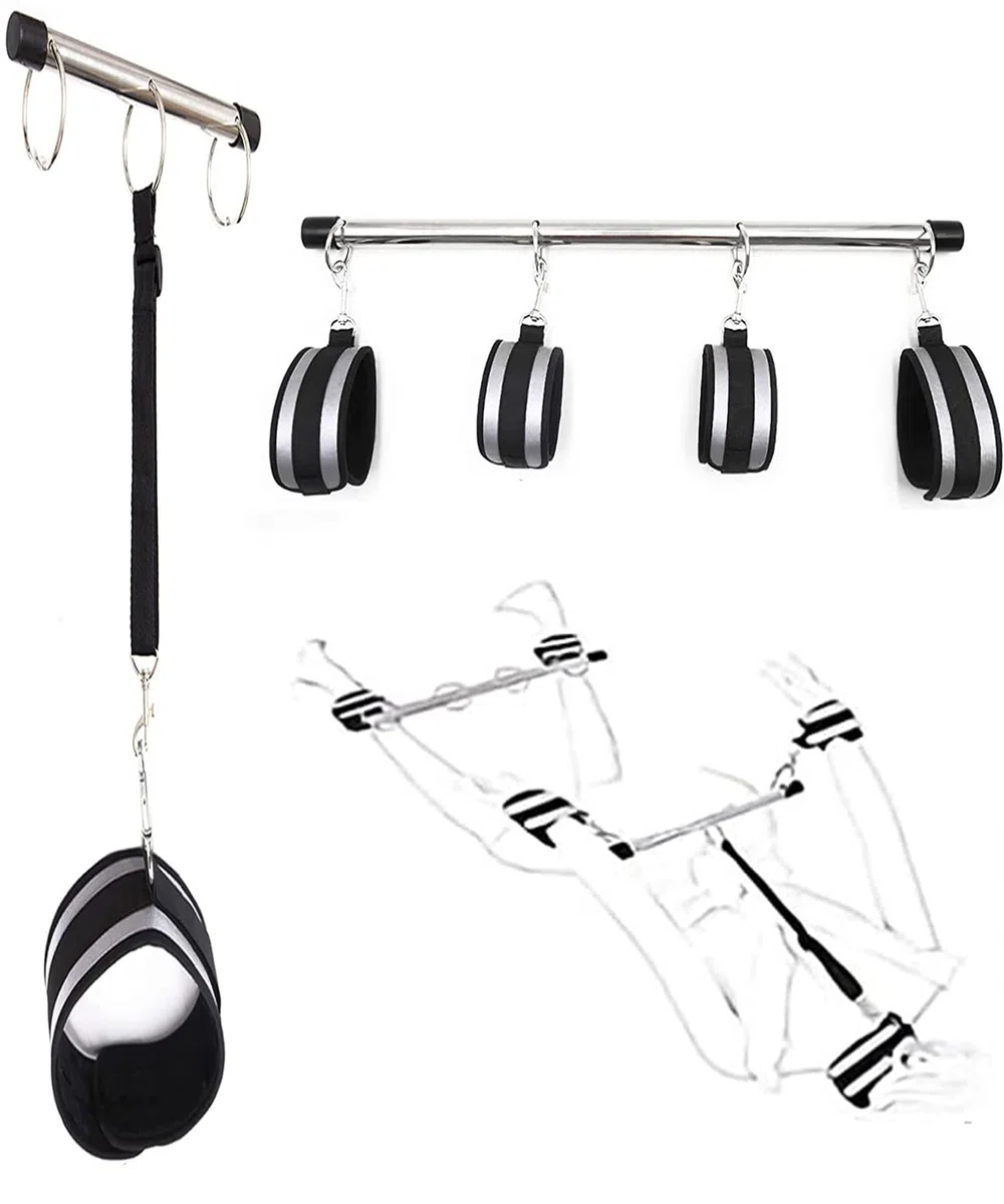 BAOMAZ4 Barre d'écartement en acier inoxydable Menottes mains et pieds Barre d'entrave Réglable Écarteur de jambes avec système de collier de serrage Torture Esclave Fétiche Ensemble de (SET)
