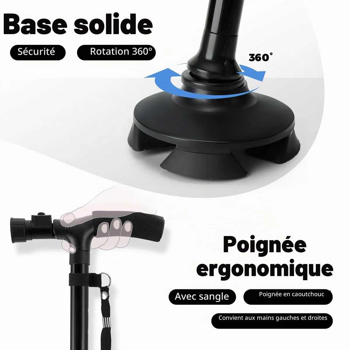 Canne de Marche Pliante avec Lumière LED, Ohuhu Bâton de Marche Hauteur Réglable pour Homme et Femme, Personnes Âgées, Pliable Portable, avec Coussin en T et Base pivotante, Sac de Transport