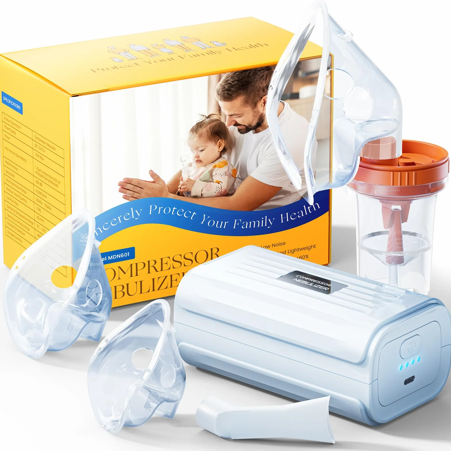 Nébuliseur à Ultrasons à Compresseur Silencieux - Nébuliseur Inhalateur Portable Puissance, Adapté Aux Enfants et Aux Adultes, Avec Tuyau Respiratoire et 2 Masques, Vitesse de Nébulisation Réglable