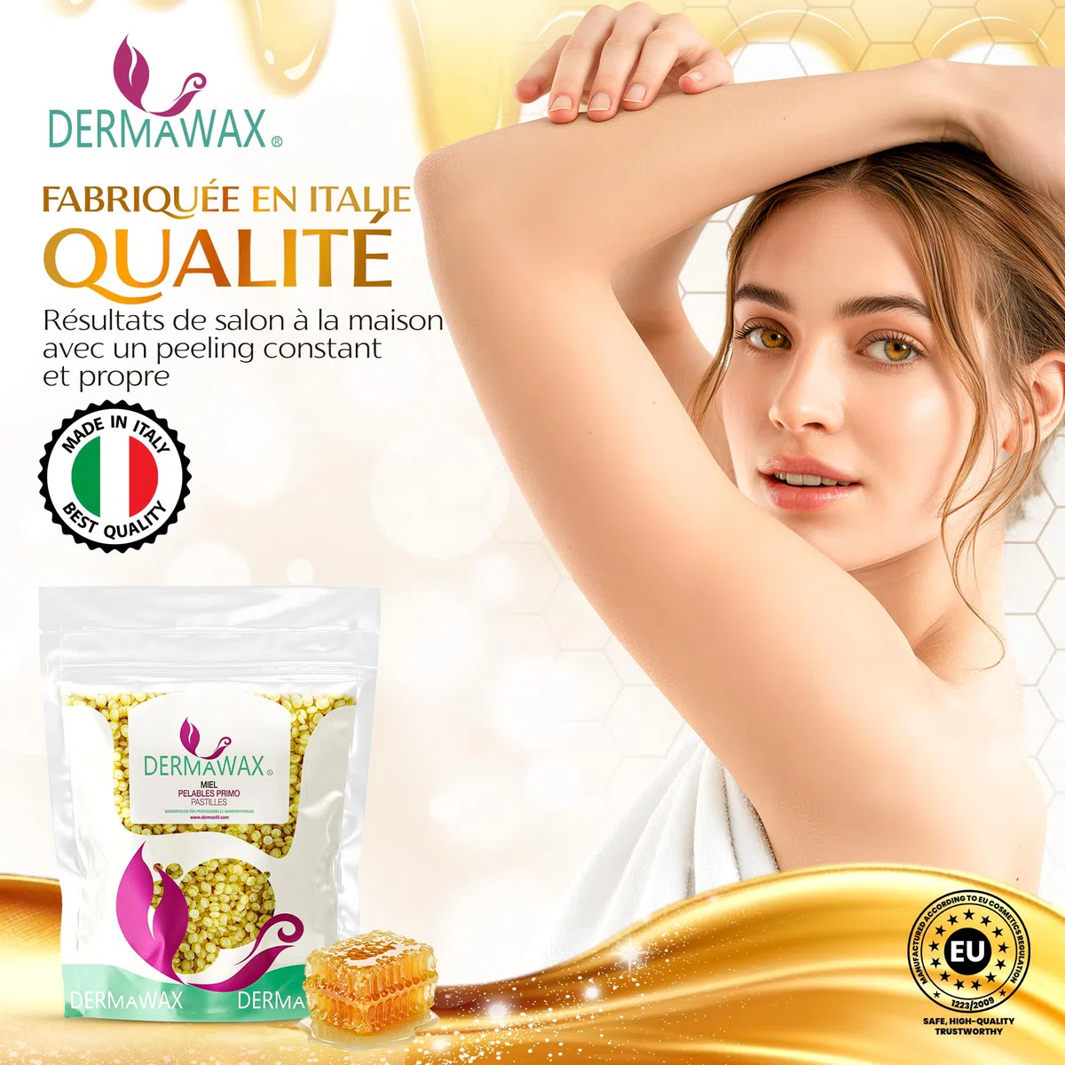 DERMAWAX Perles de Cire au Miel 1 kg - Cire Pelable, Épilation Sans Bande | Cire chaude professionnelle au miel et à la cire d’abeille, sans parfum ajouté - visage, corps et maillot, sans bandes