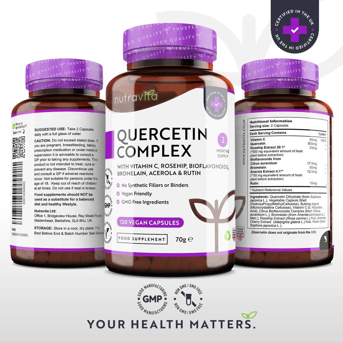 Quercétine 500 mg − 120 gélules vegan - Testé en laboratoire - Mélangées avec Vitamine C 80mg − Naturellement fait à partir d'extrait de fleur de cordage japonais - Dose élevée - Nutravita