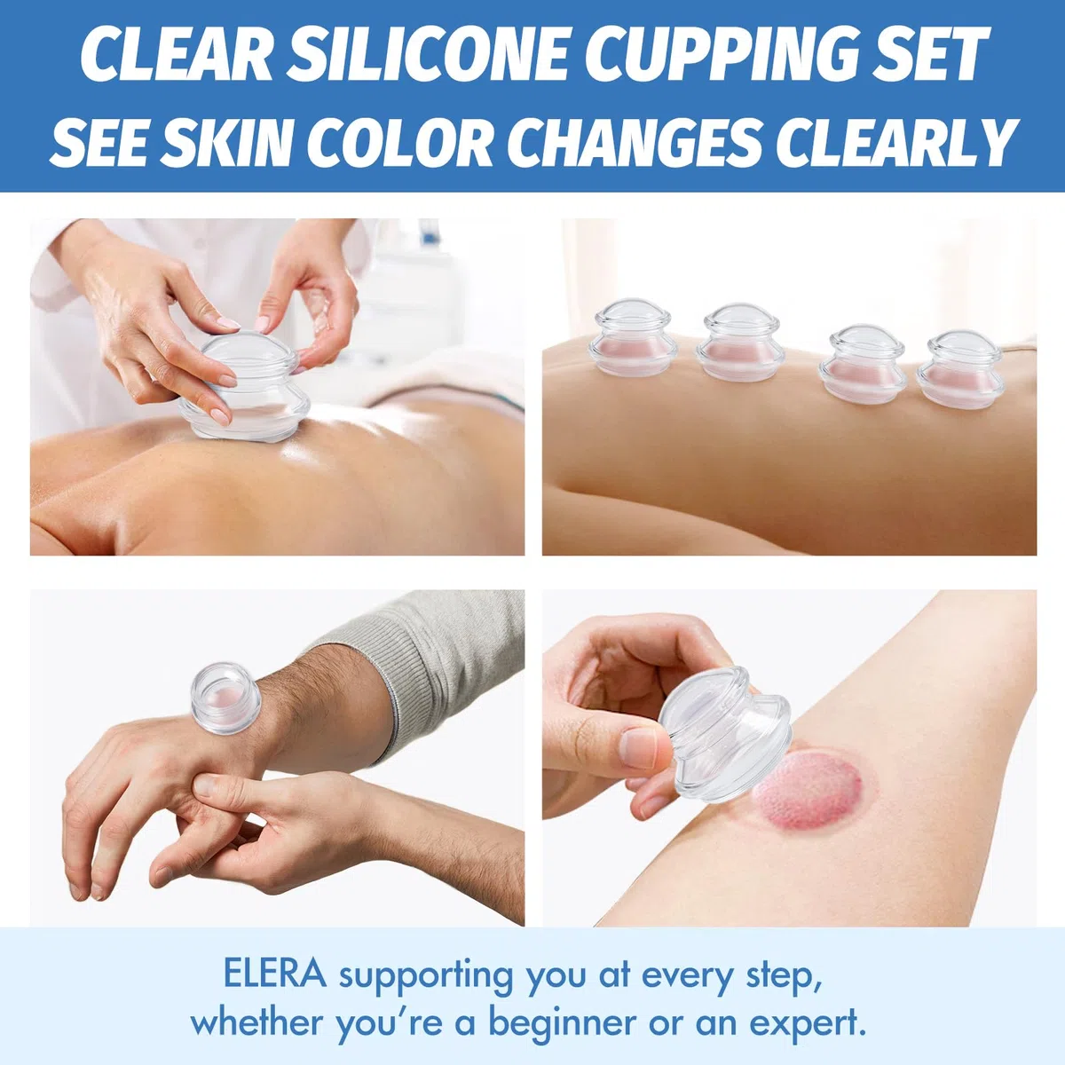 ELERA Ventouse Anti-Cellulite - 7 Cups en Silicone Professionnels, Outil de Massage pour le Corps, Améliore la Circulation, Aide à Raffermir la Peau, Compatible avec les Huiles de Massage