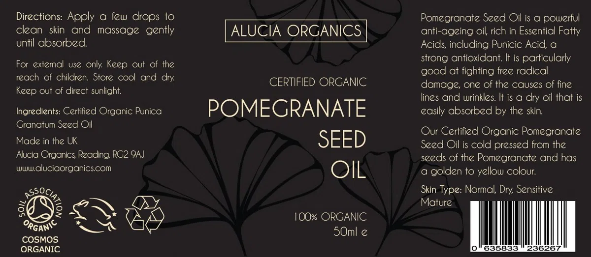Huile de grenade certifiée bio de Alucia Organics 50ml - Pur, naturel, pressé à froid, végétalien, sans cruauté, pour la peau, le visage et le corps