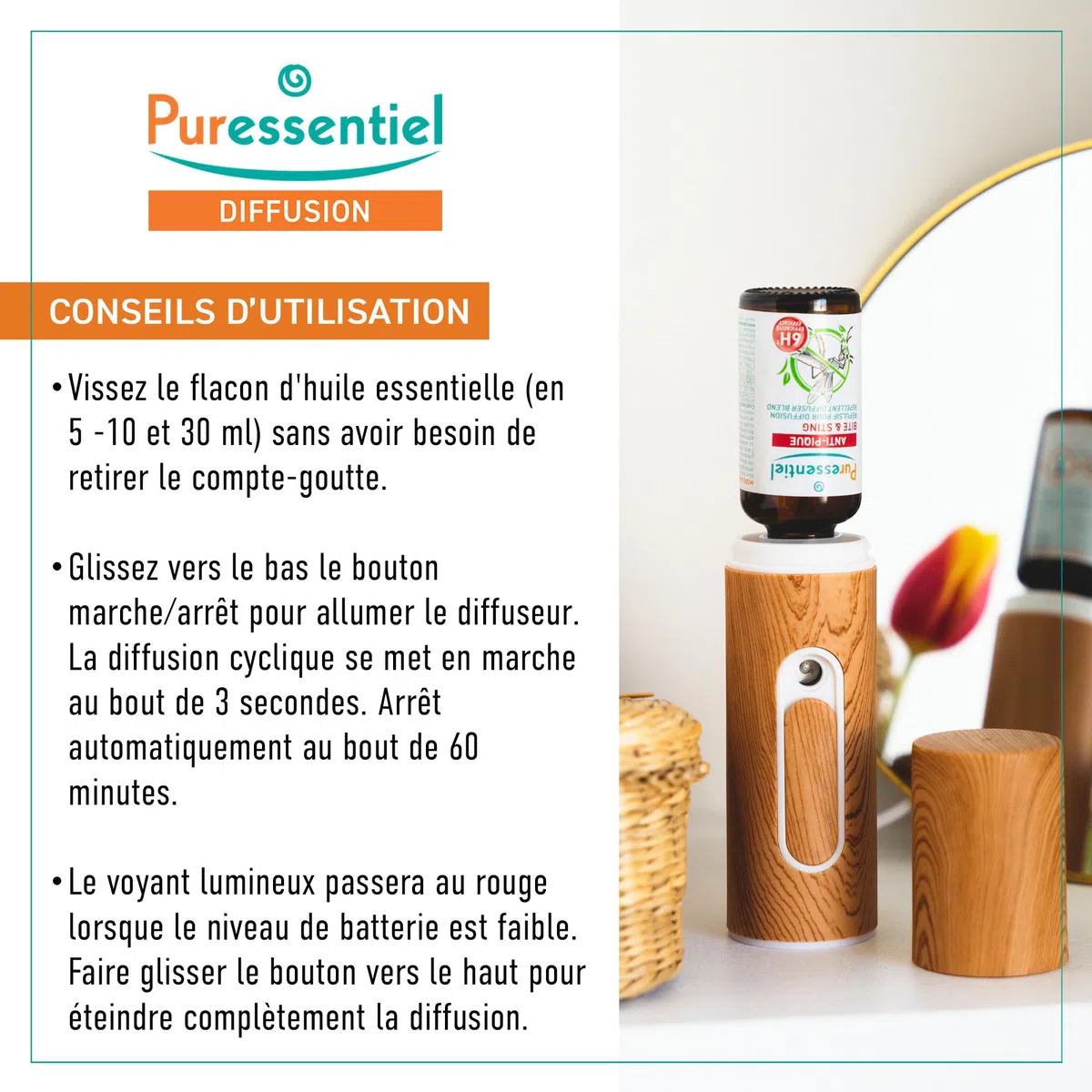 Puressentiel – Diffuseur d’huiles essentielles APLO – Diffusion ultrasonique sans eau – Nomade