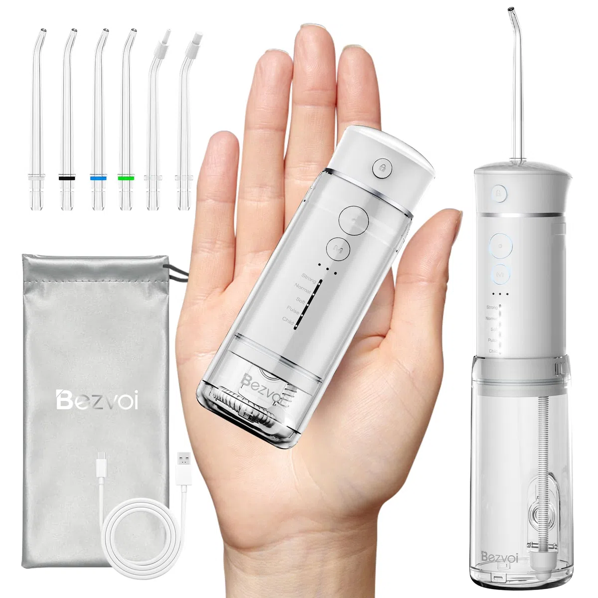 Bezvoi Mini Jet Dentaire Hydropulseur Portable- Irrigateur Oral Rechargeable avec 6 Embouts, 5 Modes, Réservoir 180ml, Étanche IPX7 - Pour Soins Buccaux, Voyage et Soins Orthodontiques,Blanc