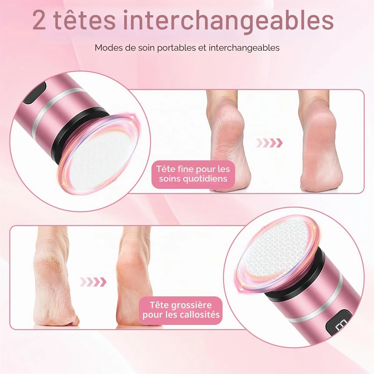 Ponceuse pour pied - Râpe électrique sans fil avec 4 embouts en verre nano - Vitesse réglable - Rape pieds pour talons fissurés, cors et callosités (Rose)