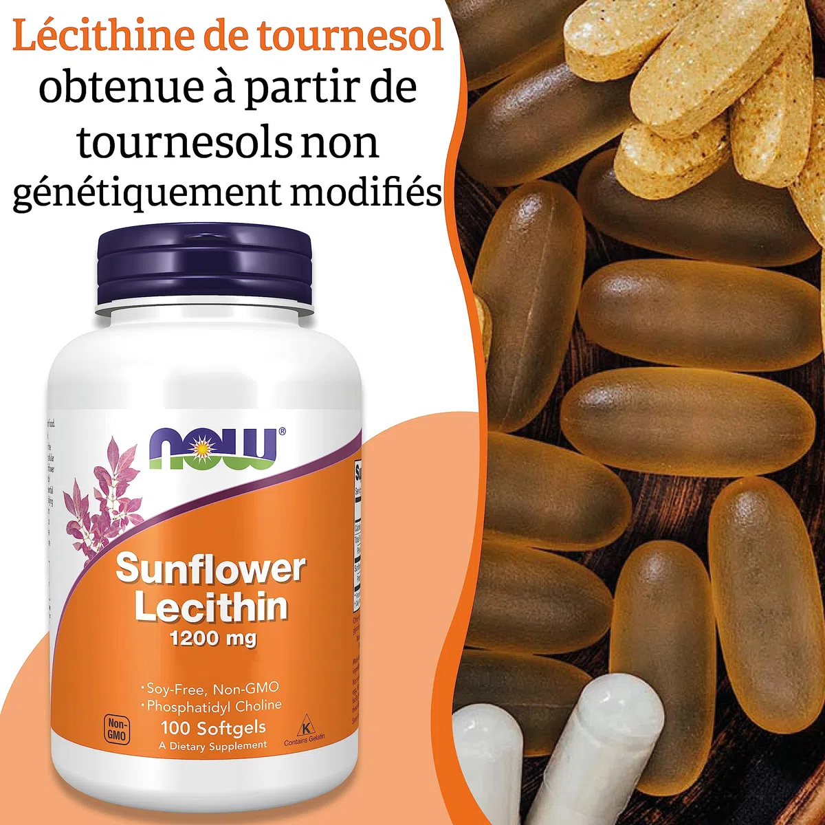 Now Foods, Sunflower Lecithin (Lécithine de Tournesol), 1.200mg, Hautement Dosée, 100 Capsules molles, Testée en Laboratoire, Sans Soja, Sans Gluten, Sans OGM