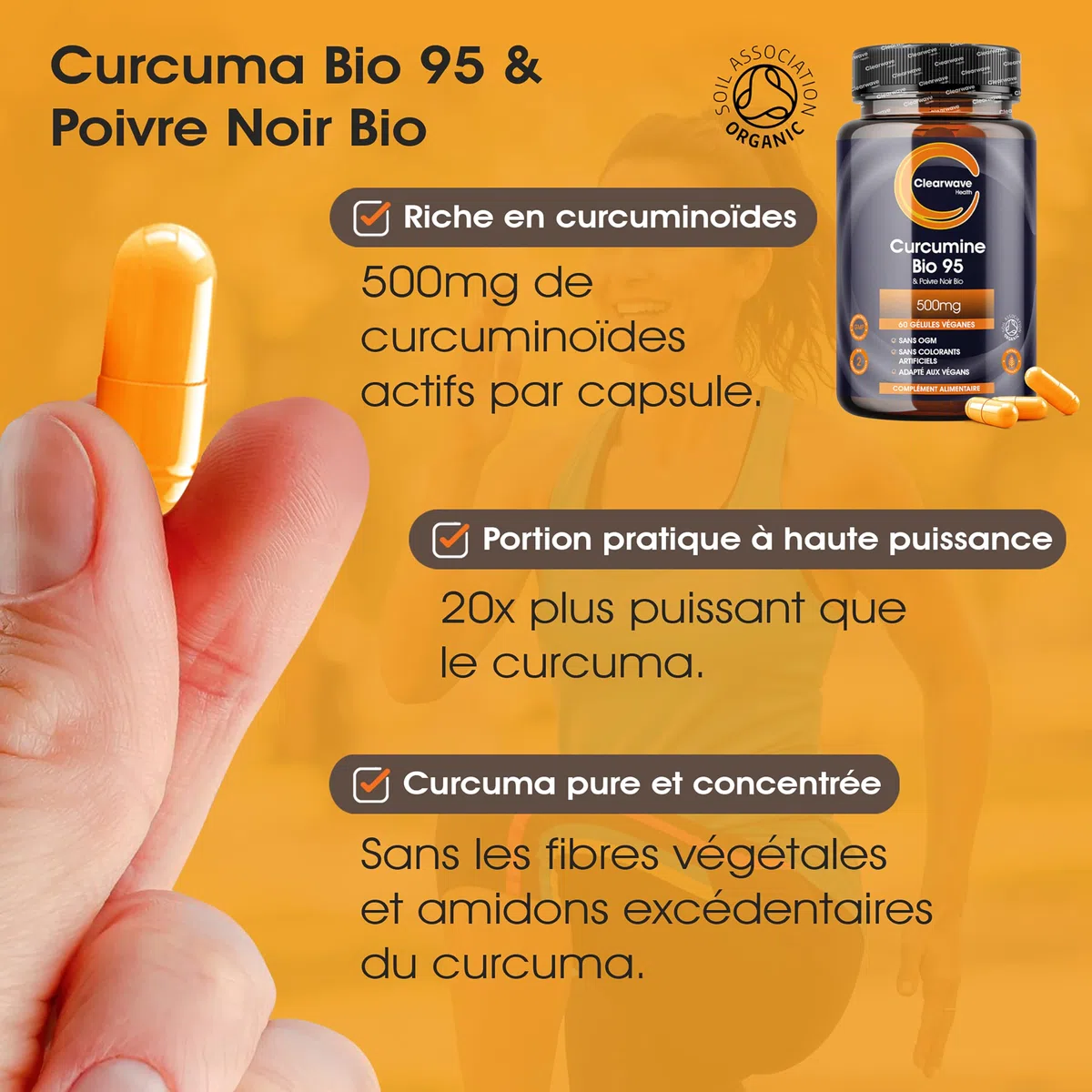 Curcumine Bio 95 | Curcuma Bio Gélule Haute Dose 500mg | 95% Curcuminoïdes & 10mg Poivre Noir Bio | 60 Gélules Véganes | Par Clearwave Health