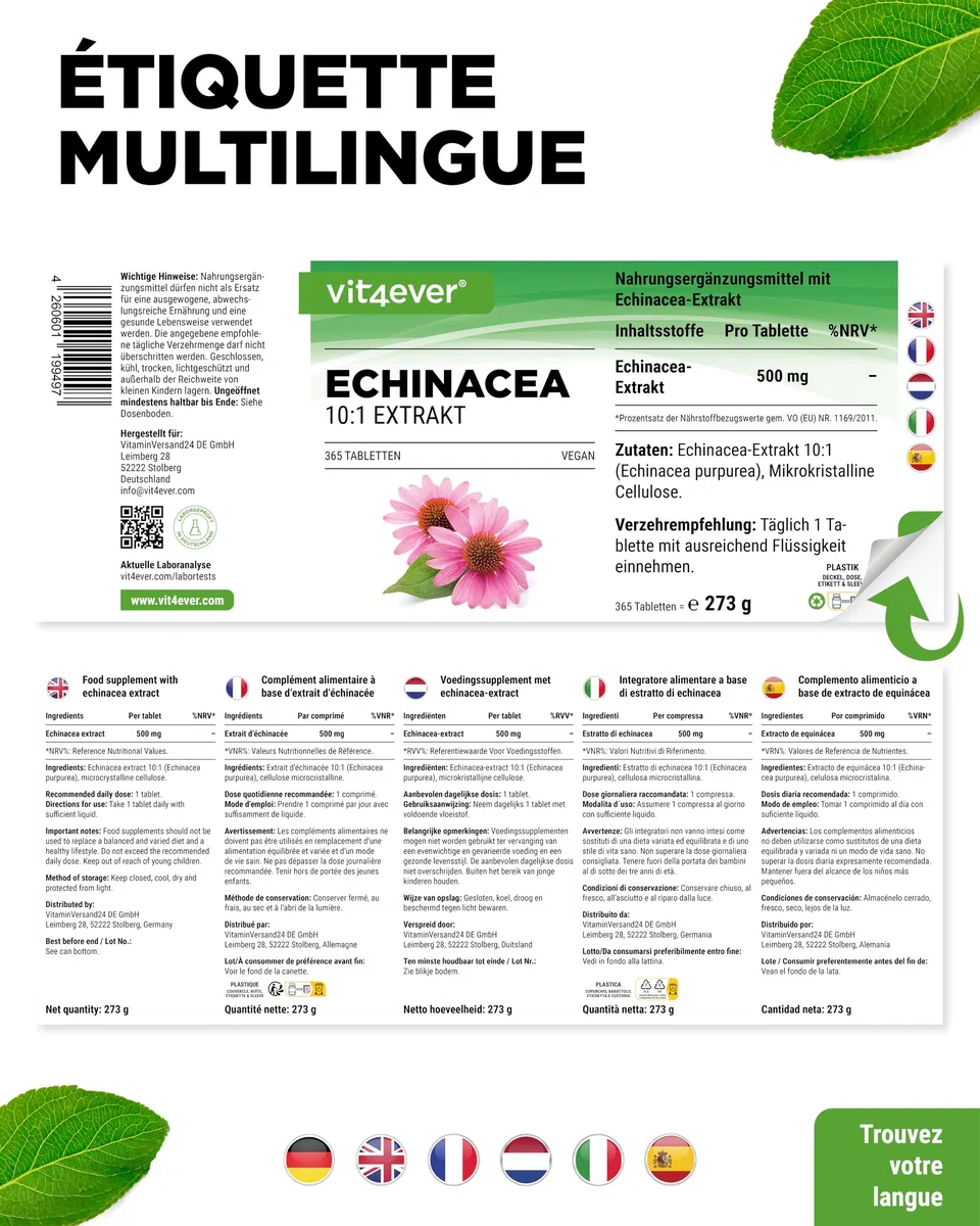 Échinacée 500 mg - 365 comprimés végétaliens - Extrait naturel d'échinacée 10:1 - Hautement dosé - Sans additifs indésirables - Végétalien