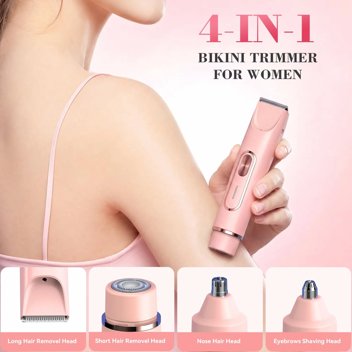JTF Rasoir Electrique Femme 4 en 1,Double Tête Epilateur Bikini pour Femme,Tondeuse Femme pour Zone Intime Visage Sourcil Nez Aisselles & Corps – Rechargeable, IPX7 Étanche (Rose)