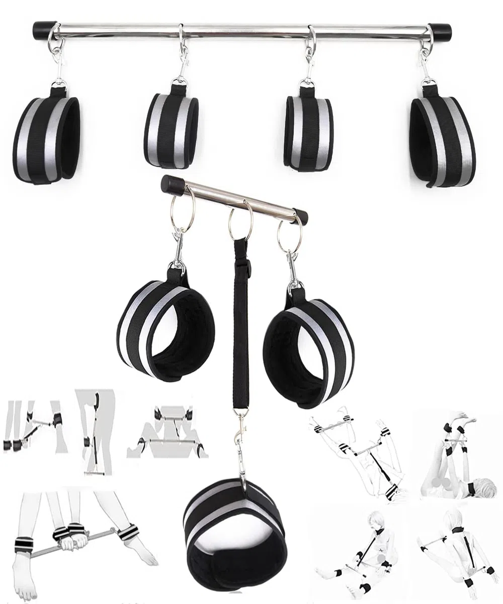 BAOMAZ4 Barre d'écartement en acier inoxydable Menottes mains et pieds Barre d'entrave Réglable Écarteur de jambes avec système de collier de serrage Torture Esclave Fétiche Ensemble de (SET)
