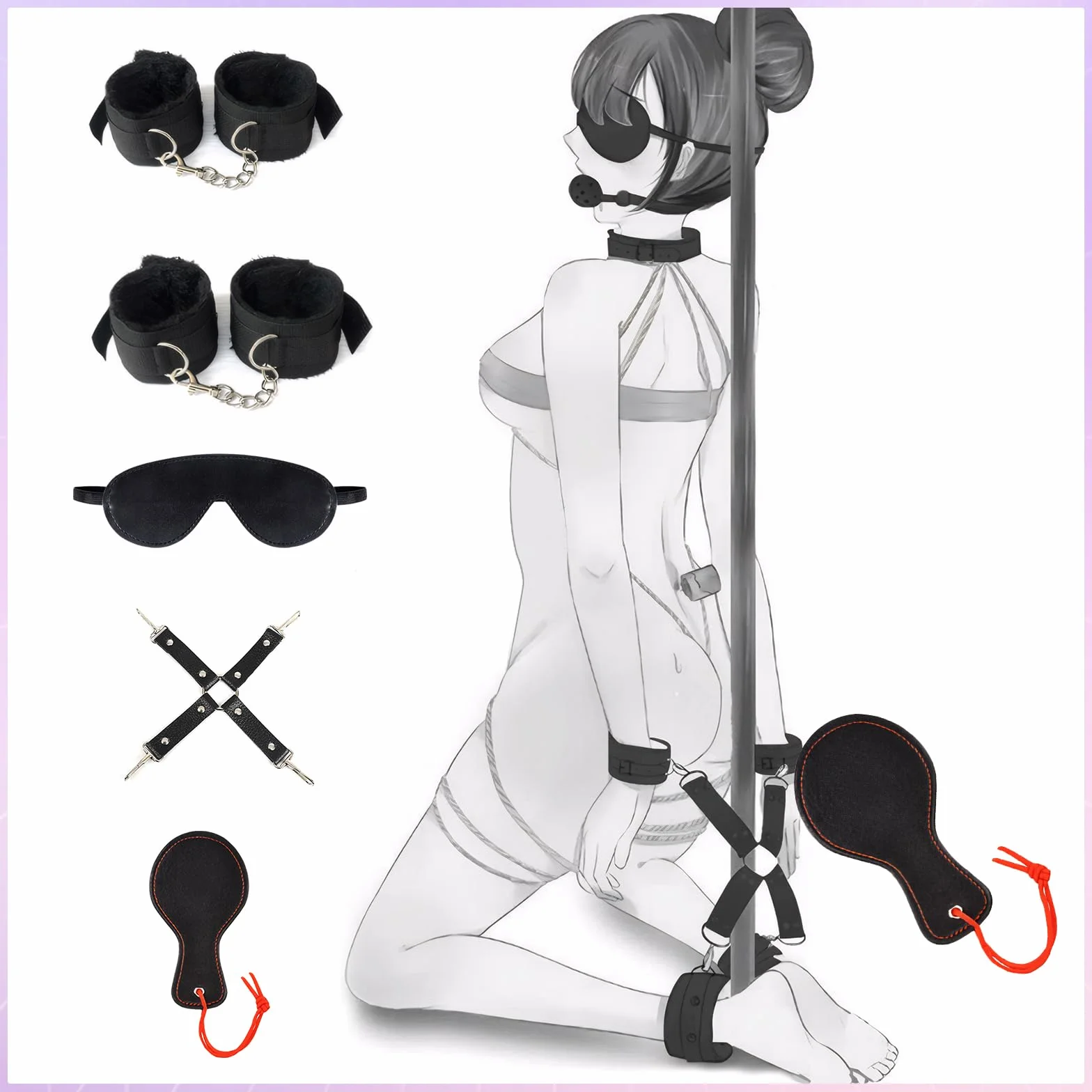 Kit BDSM Bondage 26 Pièces Qoosea pour Couples Menottes Réglables Entraves Cheville Collier avec Set de Plug Anal Pinces à Tétons Fouet Cache-yeux Boule Baillon Jouets Vibrants pour Jeu Sensuel Adulte