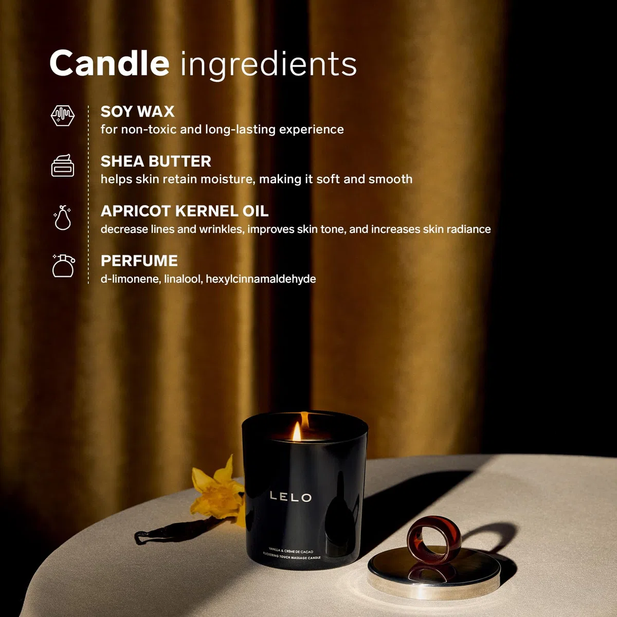 LELO Bougie de Massage Flickering Touch - Fond en Huile, Parfumée, Corporelle - Luxueux Traitement de la Peau - Parfum Vanille & Crème de Cacao