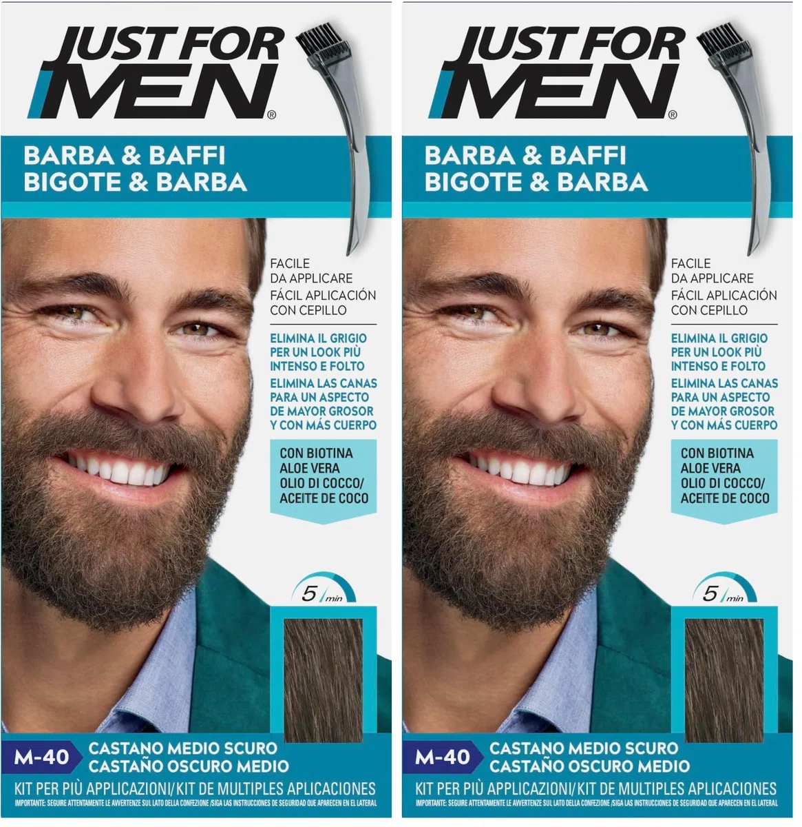 Just For Men Barbe & Moustache, teinture pour barbe homme, teinture sans ammoniaque, élimine les poils gris, avec peigne applicateur, couleur marron moyen foncé, M40 (Lot de 2)
