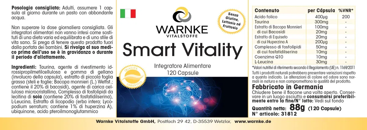 Smart Vitality - Complexe avec acide folique, taurine, Bacopa Monnieri, lycopode, phospholipide & Q10-120 gélules - fortement dosé - vegan | Warnke Vitalstoffe - Qualité des pharmacies allemandes