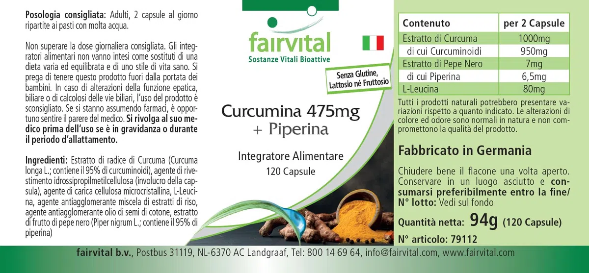 fairvital Gélules de curcuma, 500mg d'extrait de curcuma par gélule, 120 gélules, HAUTEMENT DOSÉES, curcumine 95% avec biopérine (pipérine)