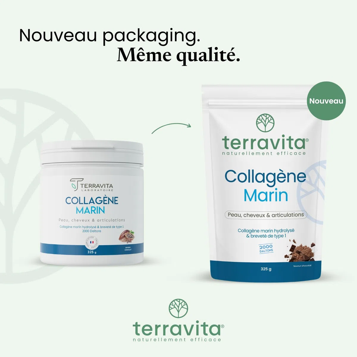 COLLAGÈNE MARIN Breveté en Poudre | 325 Grammes de Peptides de Collagène Purs de Type 1 | Articulations Souples, Peau Lisse et Hydratée | Goût Chocolat | Filière 100% Française | Terravita