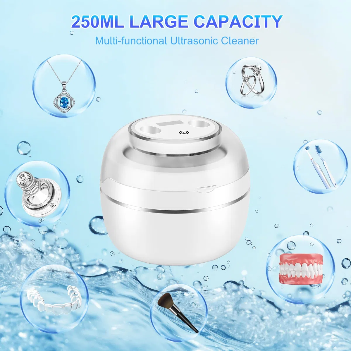 Nettoyeur Ultrasons 50000Hz Bac Ultrasons avec Lampe UV et 4 Modes, 250ML Ultrasonic Retainer Cleaner Dental Pod Dentaire pour Prothèses Dentaires, Gouttière Dentaires, Retainer, Bijoux, Blanc