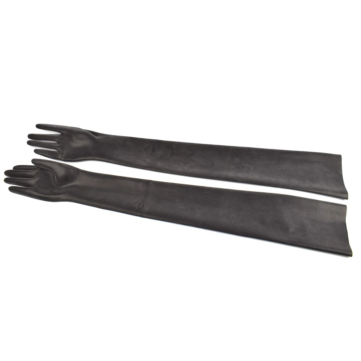 Rubberfashion Paire de gants sexy en latex pour pratiques sexuelles - femme et homme (unisexe) - long SECOND CHOIX - noir 0.4 Medium
