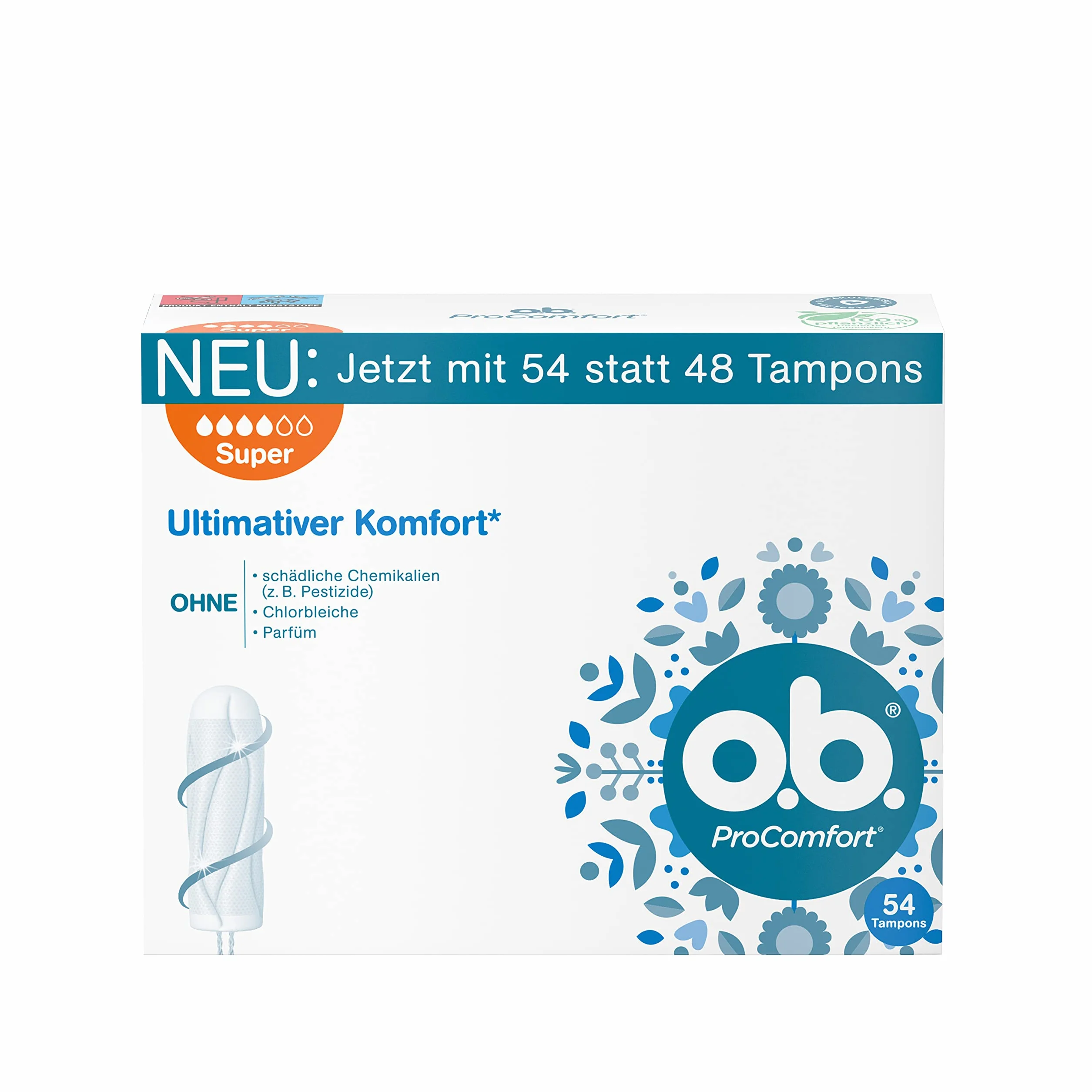 o.b. ProComfort Plus Lot de 54 tampons pour les journées fortes, surface SilkTouch et technologie Dynamic Fit pour plus de confort et de protection fiable pendant les règles