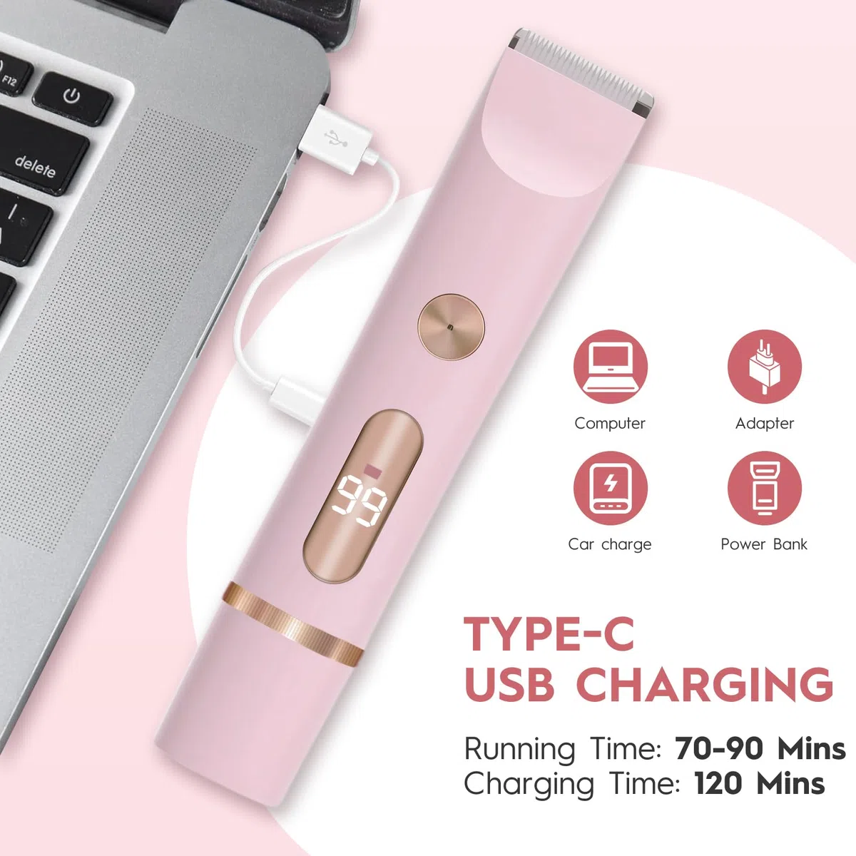 2 in 1 Rasoir Electrique Femme, Tondeuse Femme Intime, IPX7 Étanche Rasoir Femme, utilisation humide et sèche pour le visage, les aisselles, les jambes (Rose)