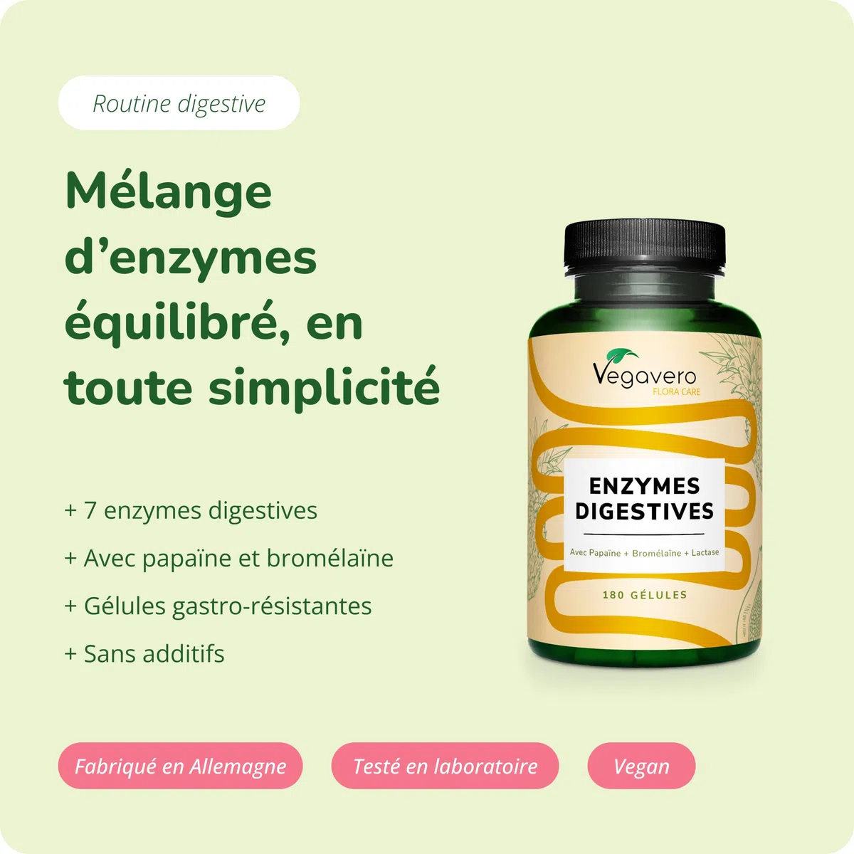 Enzymes Digestives Vegavero® | VEGAN & NATUREL | Bromélaïne, Papaïne, Amylase, Lipase, Cellulase + Lactase | Sans additifs | Digestion Difficile | 180 Gélules Drcaps®