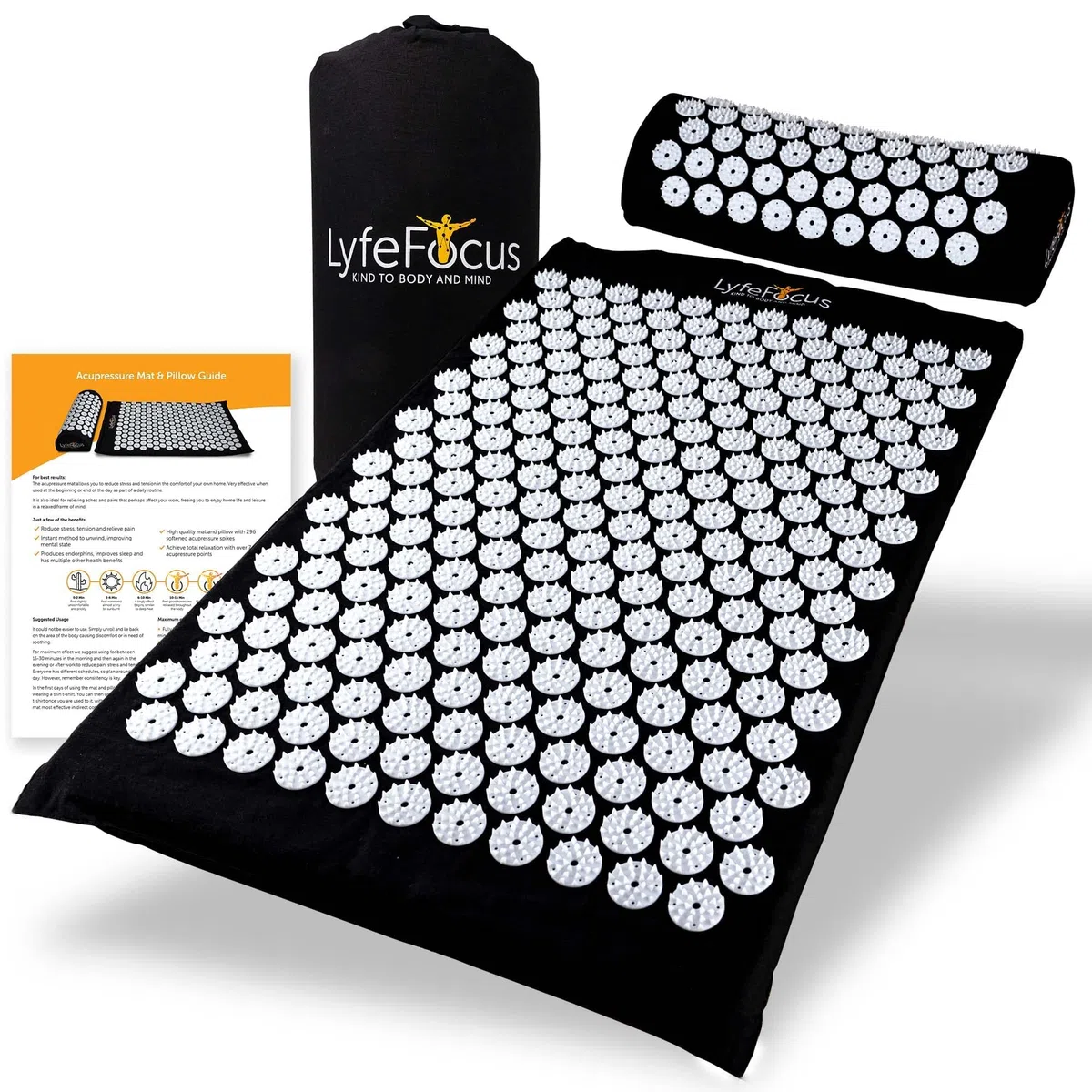 LyfeFocus Ensemble Tapis d'Acupression & Oreiller avec Sac – Tapis de Massage Rembourré pour Soulager le Dos, le Cou & les Épaules – Réduit la Tension Musculaire & le Stress.