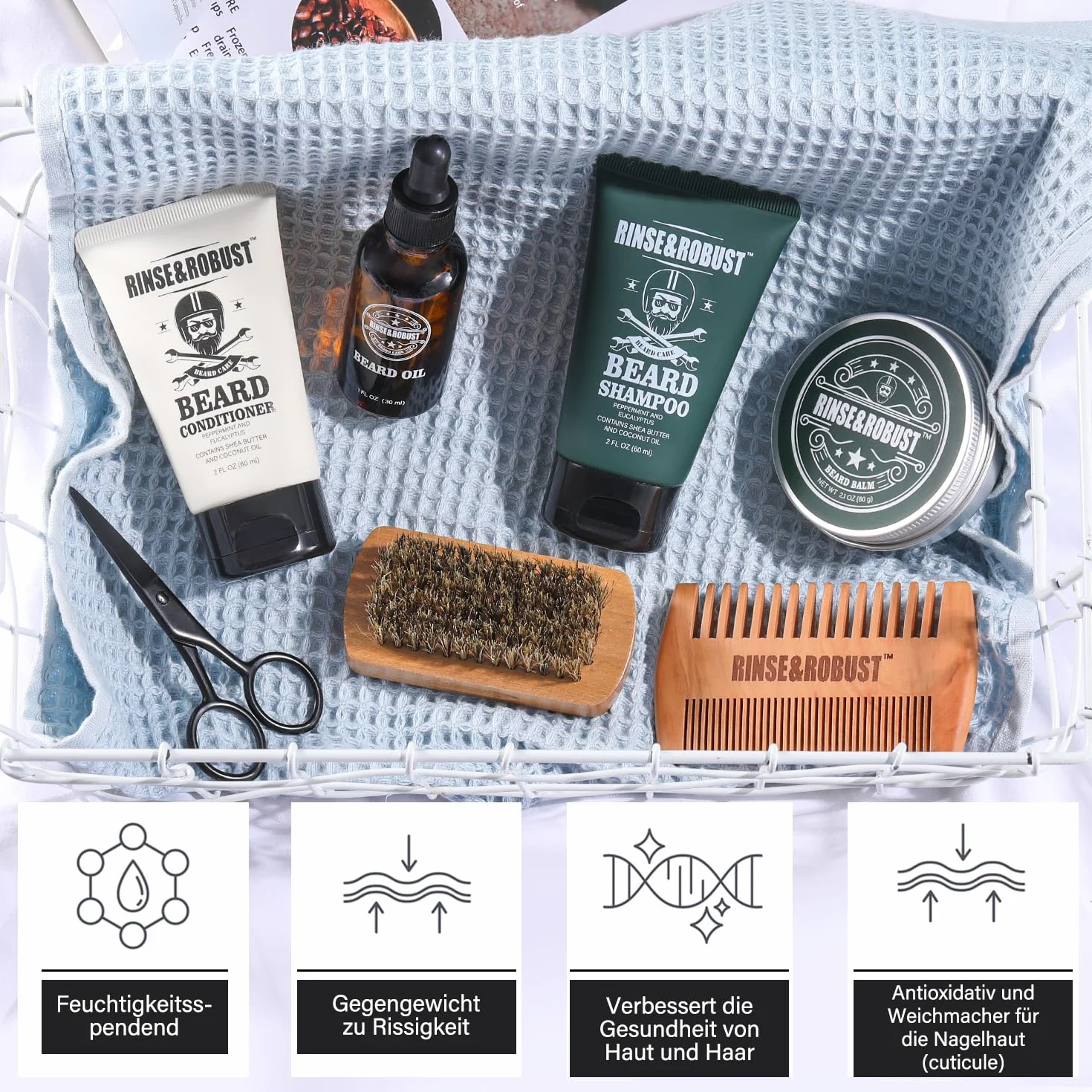 Rinse&Robust Kit de rinçage pour barbe 8 pièces avec sac de voyage, parfum eucalyptus, brosse à barbe, peigne à barbe, ciseaux à barbe, shampoing à barbe