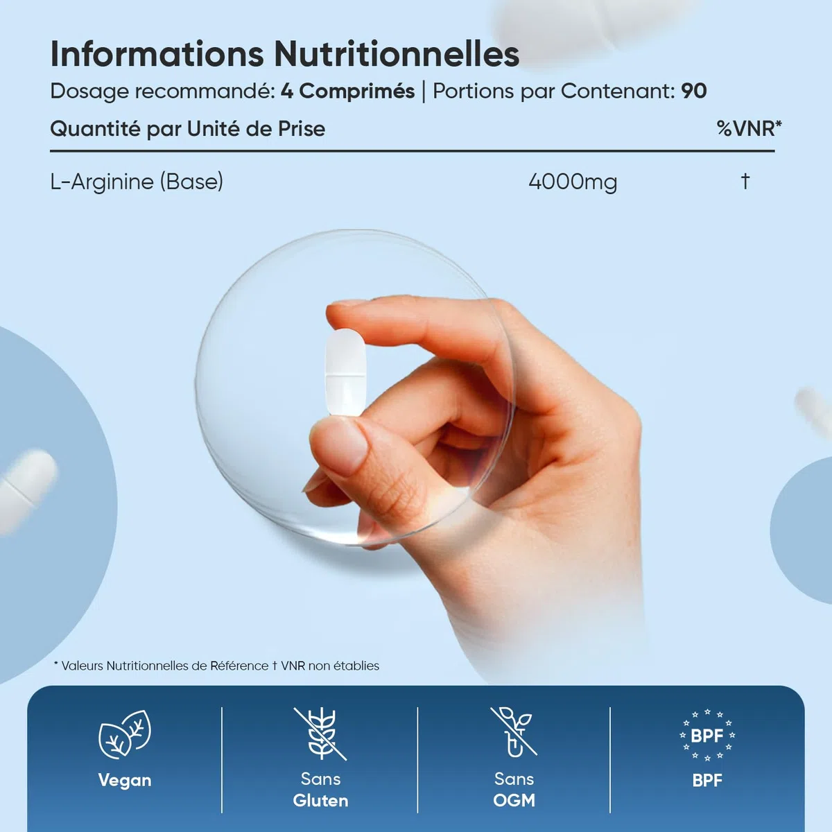 L Arginine Base, sans Sels ni Acides Ajoutés – 360 Comprimés, 3 Comprimés/Jour pour 3 Mois - pas de L Arginine HCL ou de L-Citrulline - Acide Aminé Semi-essentiel, Post Workout et Pre Workout