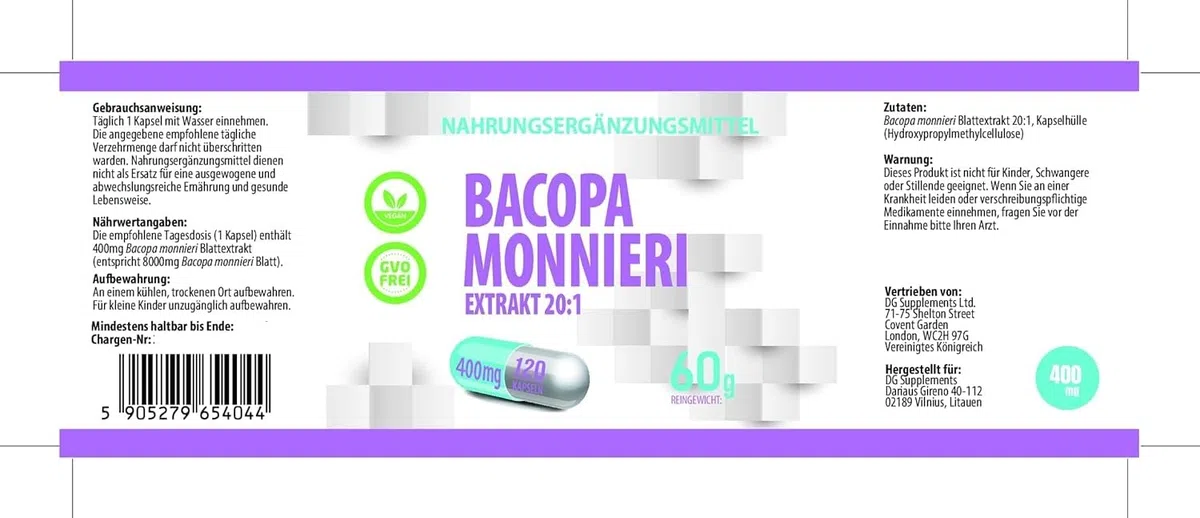 Hepatica Bacopa Monnieri (Brahmi) 8.000 mg Équivalent | Extrait de Feuille 20:1 400 mg | 120 Gélules Véganes | Plante Ayurvédique | GMP & laboratoire indépendant