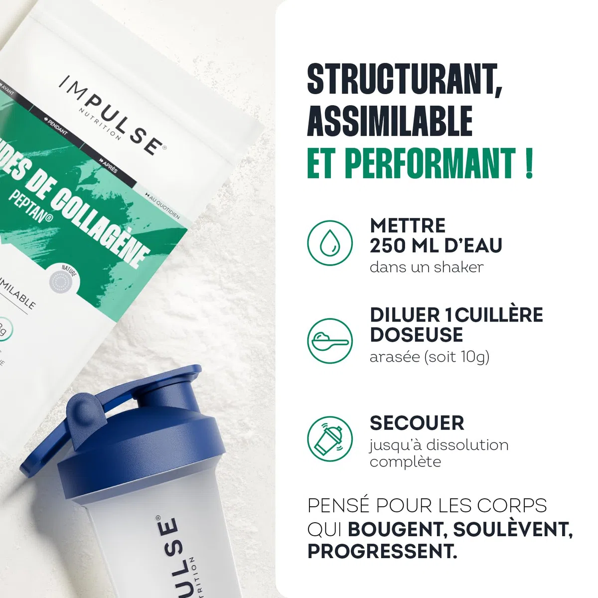 Impulse Nutrition - Peptides de Collagène Peptan 300g - Complément alimentaire sport avec Collagène Bovin - Articulations, Récupération, Peau & Tonicité - Goût Neutre - Fabriqué en France