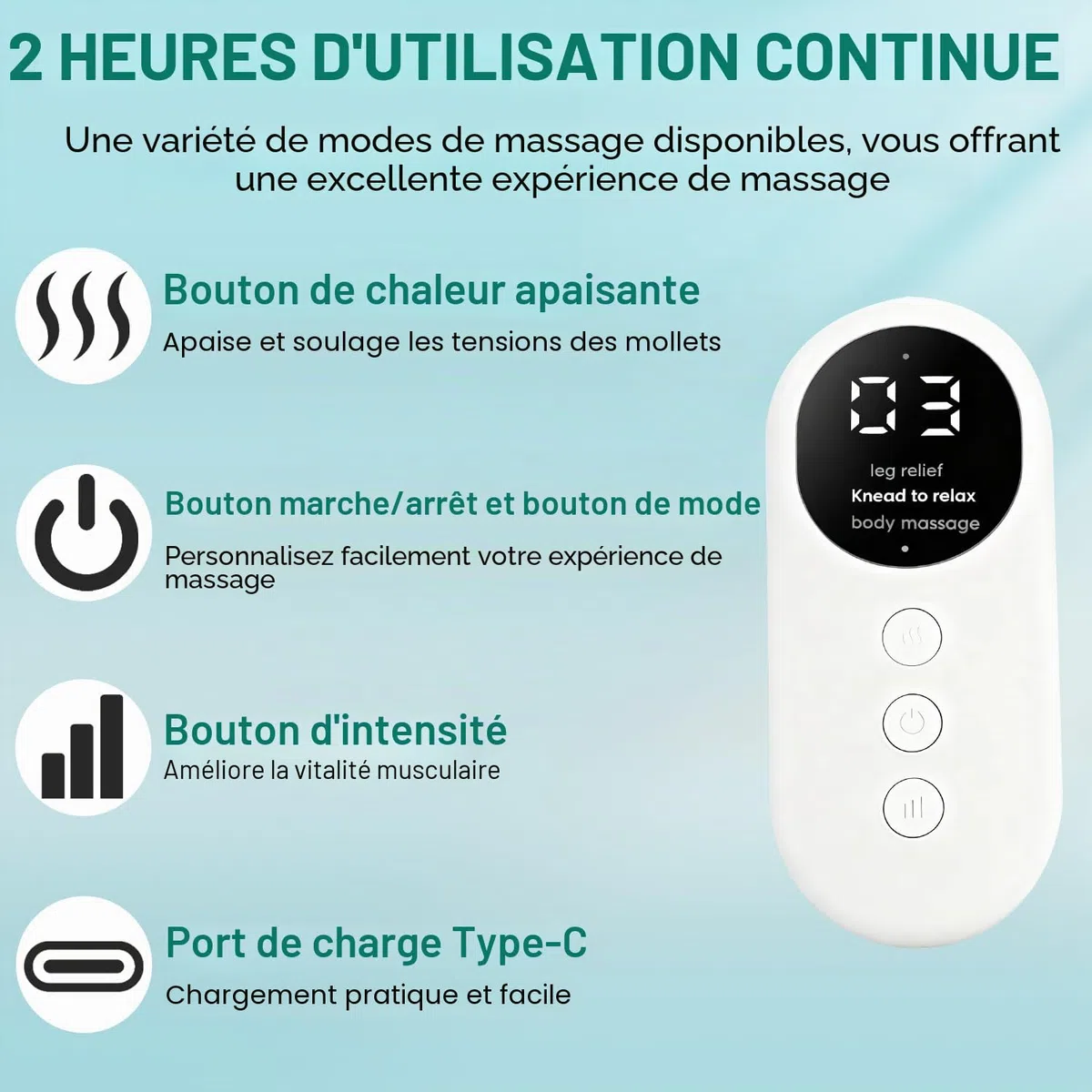 Masseur Jambes Sans Fil avec Chaleur et Compression Masseur de Mollets avec 3 Modes 3 Intensités Appareil de Massage pour Circulation Sanguine Drainage Lymphatique Relaxation Musculaire (1 Pièce)
