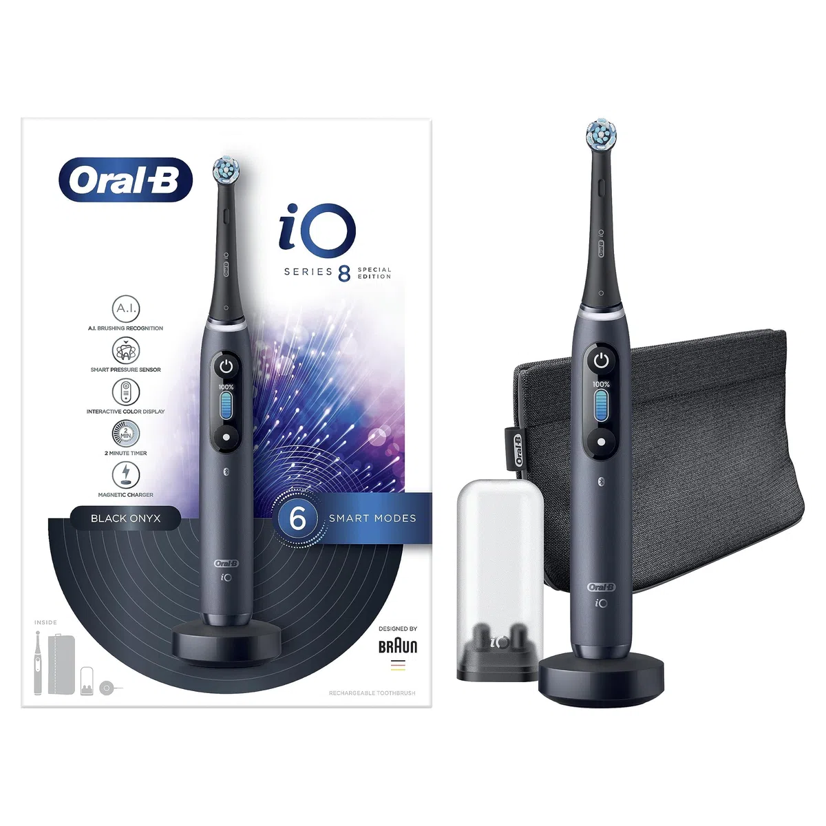 Oral-B iO Series 8s Brosse à Dents Électrique Rechargeable avec 1 Manche Intelligence Artificielle, Noir, 1 Brossette et 1 Pochette Magnétique, 5 Modes Dont Blancheur et Soin des Gencives