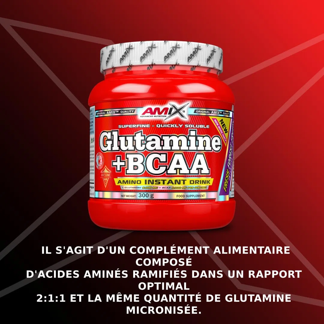 AMIX BCAA Glutamina - Réduit le Catabolisme Musculaire et Facilite la Récupération Post-formation - Idéale pour les Athlètes - Fruits de la Forêt - 300 gr