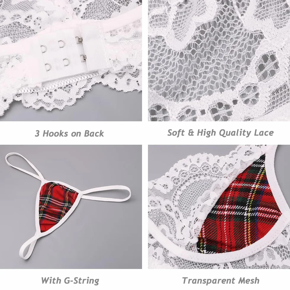 Ensemble de Lingerie Femme 5 Pièces en Dentelle avec Soutien-Gorge et Jupe Plissée de Lingerie Plaid Jupe Costume Nuisette Lingerie Rôle sous-Vêtements