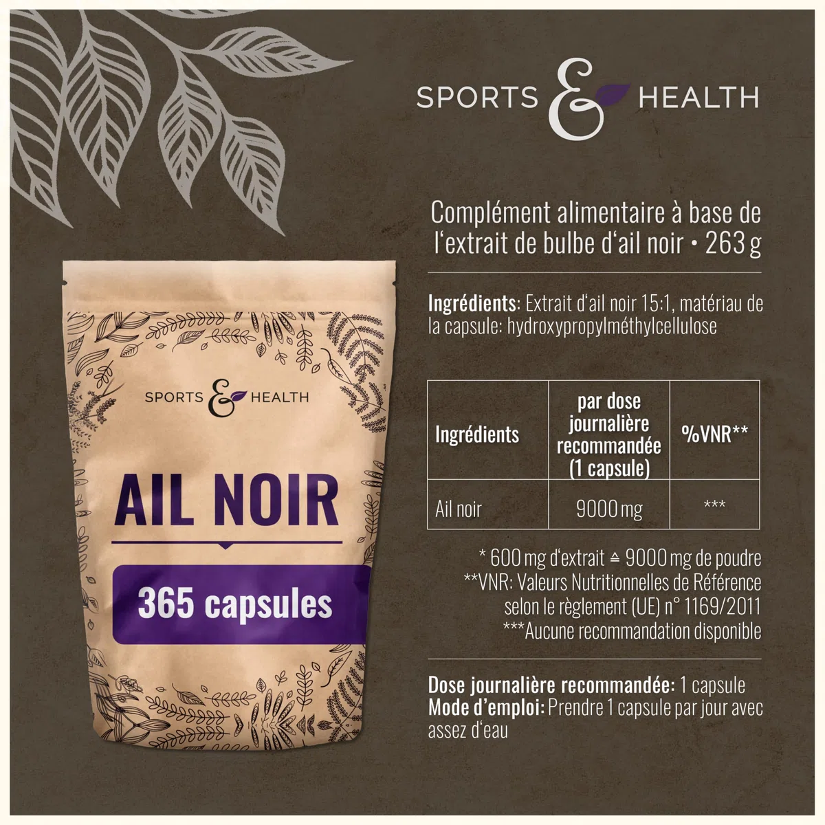 Gélules d’ail noir fermenté 9 000 mg à partir d’un extrait 15:1 – 365 gélules hautement dosées – Black Garlic Capsules – Véganes et sans additifs – Extrait de bulbe d’ail noir - aged garlic extract