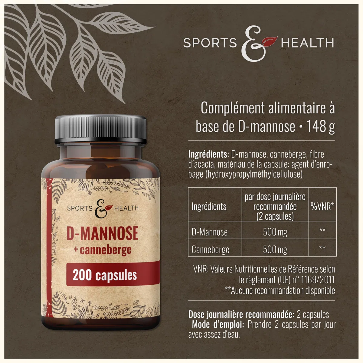 Gélules de D-Mannose & Cranberry – 200 gélules véganes – avec D-Mannose en poudre et Cranberry – 500 mg par portion journalière
