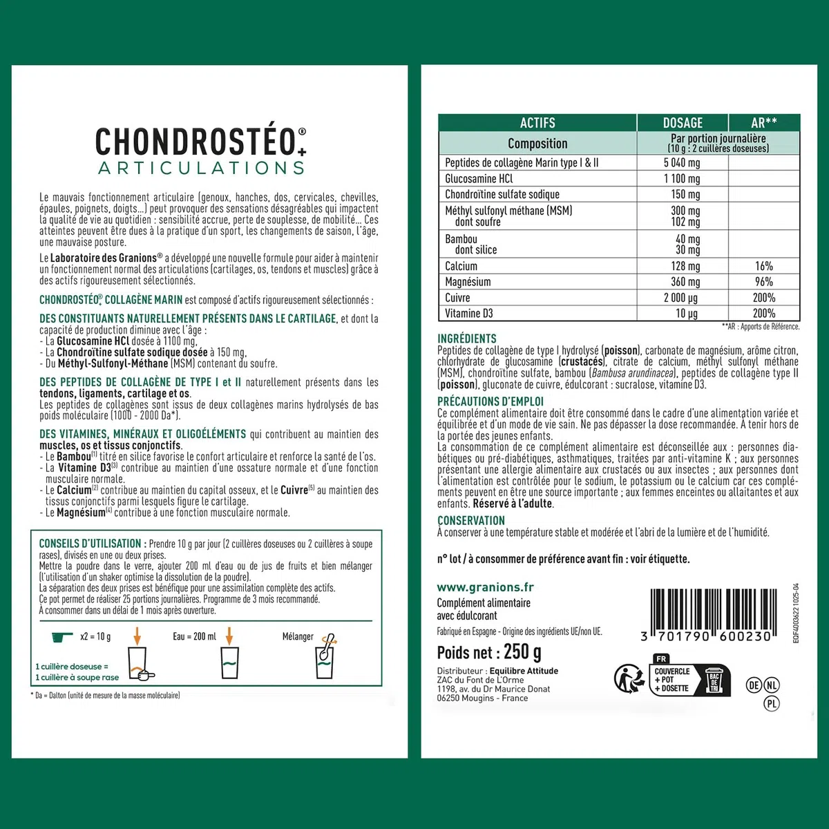 GRANIONS - Collagene Marin Poudre - CHONDROSTEO + Articulations - glucosamine chondroitine msm - collagene articulations - Glucosamine Chondroitine - msm - Goût citron - 250 g