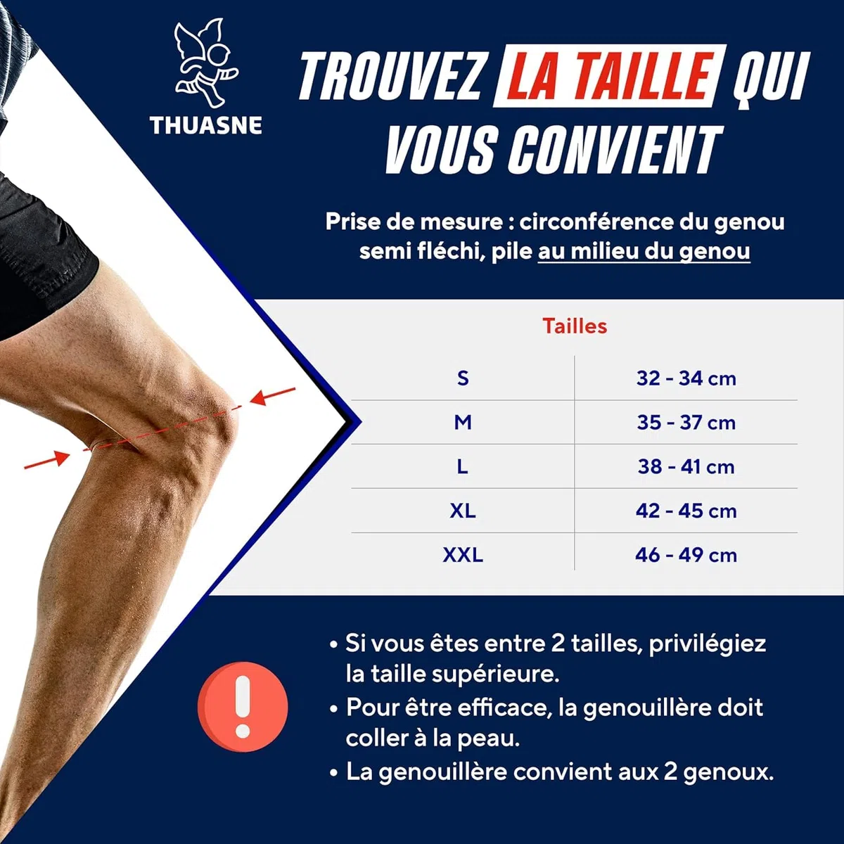 Thuasne - Genouillère Sport Tricotée de Maintien Renforcée - Maintien et Confort du Genou - Tissu Élastique, Baleines Latérales Souples - Utilisation Simple - Dispositif Médical CE