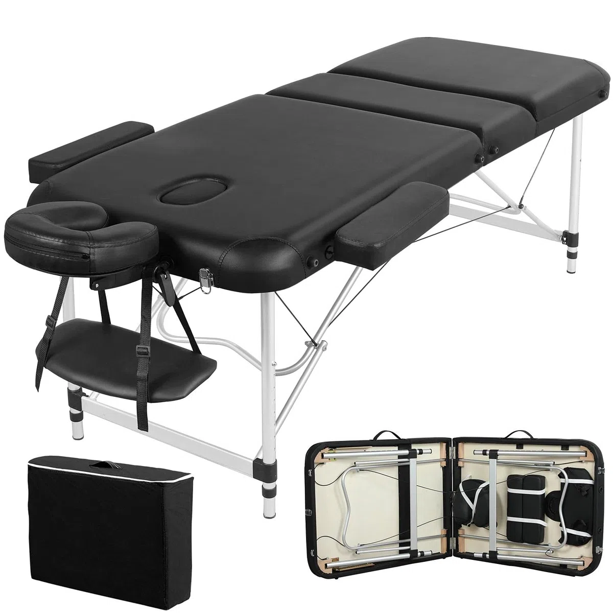 Yaheetech Table de Massage Pliante Professionnelle 3 Section 90 x 213 cm avec Cadre en Aluminium Lit de Massage Large Portable à Hauteur Réglable Repose-tête Ergonomique pour Massage Spa Tatouage