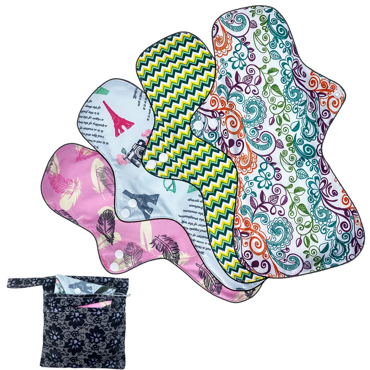 Serviettes Hygiéniques Lavables Réutilisables Flux Abondant 4 Pack - Taille XL (32cm), Extrémité Allongée Élargie Anti-Fuite Serviette Hygiénique Nuit, avec Sac Imperméable