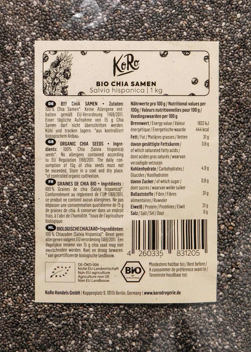 KoRo - Graines de chia bio | 1 kg - Super-aliment naturel - Issu de l'agriculture biologique – Riches en fibres – Source de protéines