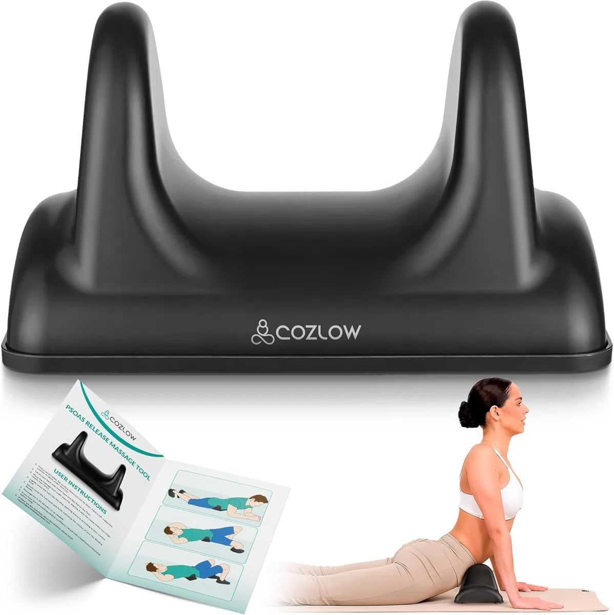 Cozlow Outil de massage pour libération du psoas – Noir – Étireur musculaire des muscles fléchisseurs du dos et des hanches – Masseur de tissus profonds pour soulager la douleur – par Cozlow