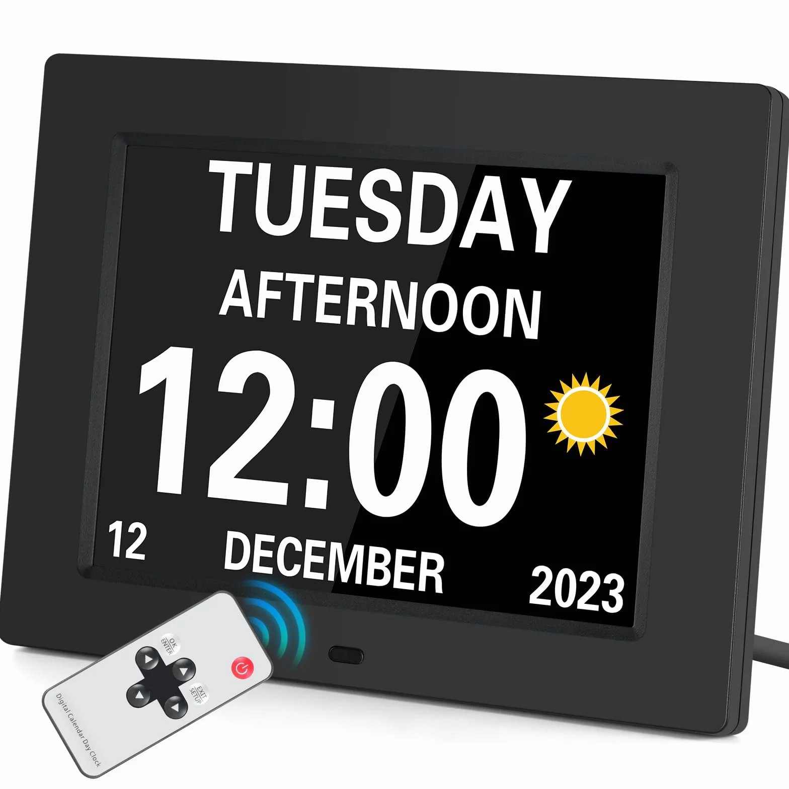 8 Pouces LCD Horloge Numérique Calendrier Multilingue Télécommandée Dimmable avec Date, Jour et Heure Cadre Photo Numérique pour Personnes avec Maladie d'Alzheimer