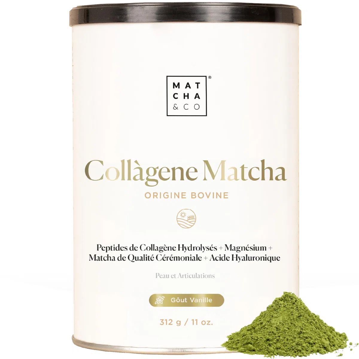 Collagène avec magnésium, thé Matcha et acide hyaluronique. Articulations, peau et ongles. 300 g de poudre de collagène matcha. Sans gluten, sans sucres ajoutés et sans OGM. Gardez votre corps sain