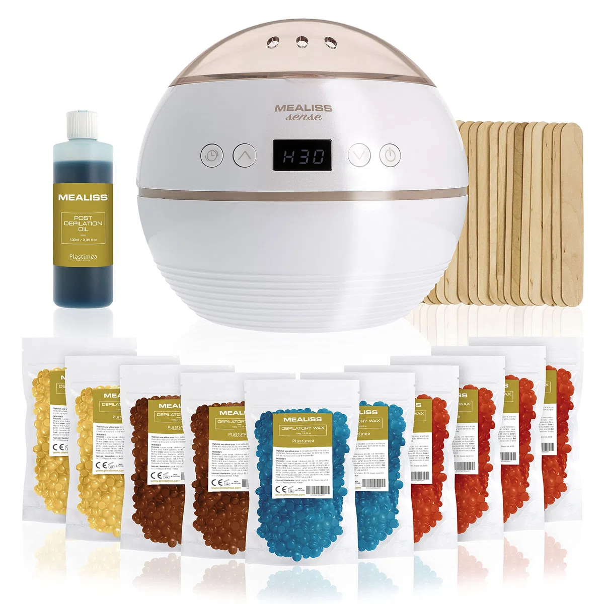 KIT d’épilation à la cire premium ✦ Mealiss Sense - Chauffe Cire 150W Ecran Digital LCD + 1 KG de cire dépilatoire, huile + accessoires. Fabrication Française. Epilation corps et visage ✦ Plastimea