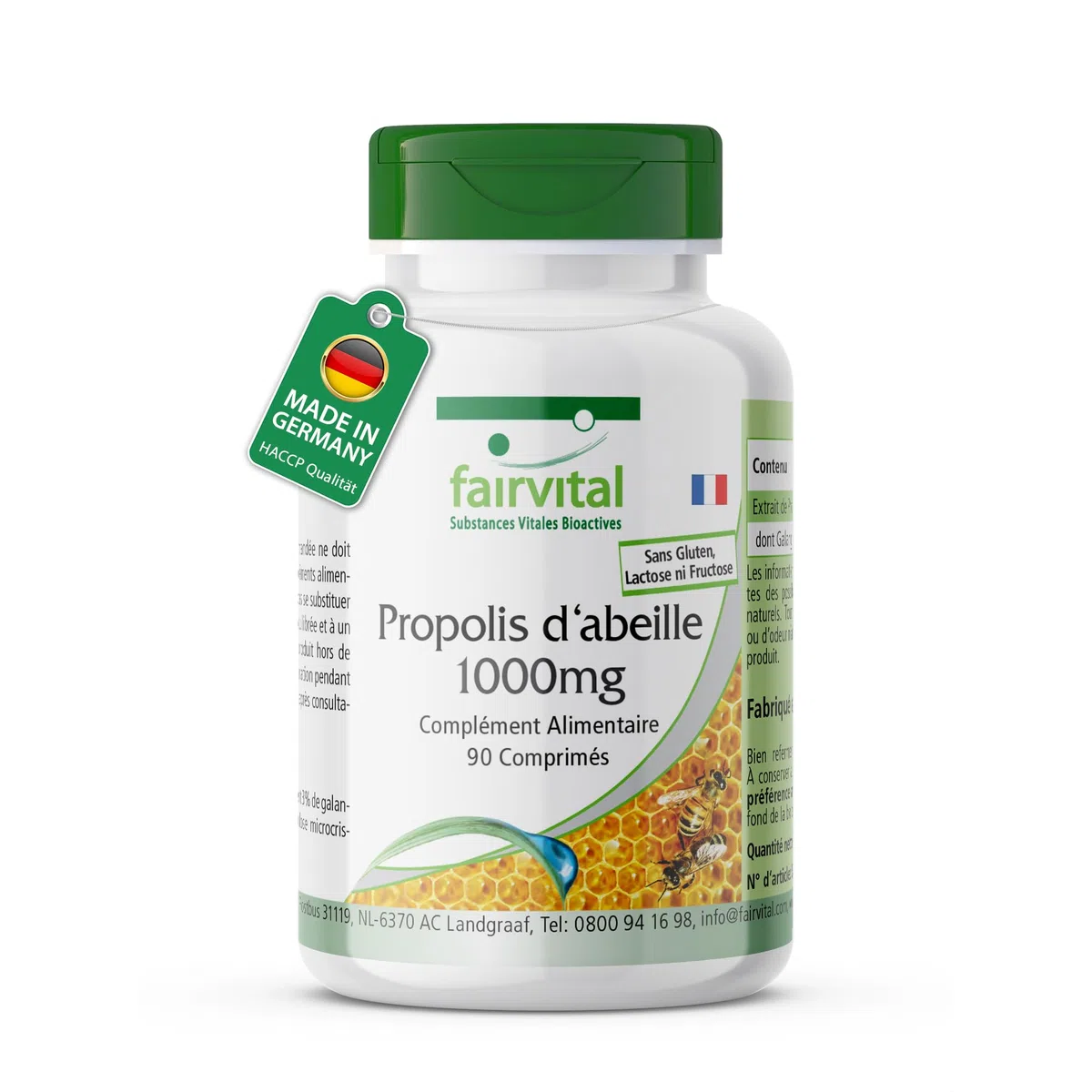 fairvital Propolis d'abeille 1000mg, extrait naturel de résine d'abeille, avec 3% de galangine, HAUTEMENT DOSÉ, 90 comprimés