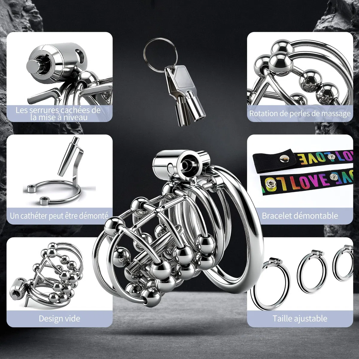 Cage de Chasteté Pénis Sex Toýs Homme Couple - Cage à Pénis Avec Anneaux de 3 Tailles, Cathéter Urétral et Ceinture de Chasteté, BDSM Cock Cage Serrure Invisible pour Empêcher L‘érection